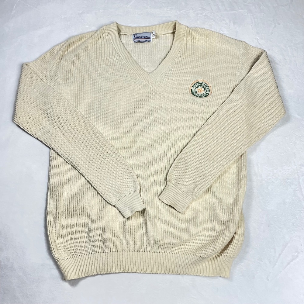 Marlomar Corp Sweater Cotton Mens M Cream Good Baylor University V-Neck Vintage